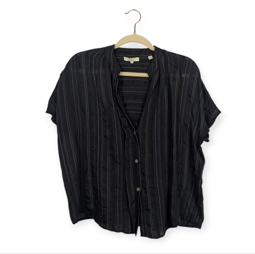 Vince Sheer Blouse XS Navy Striped Short Sleeve Button Front Lightweight Minimal